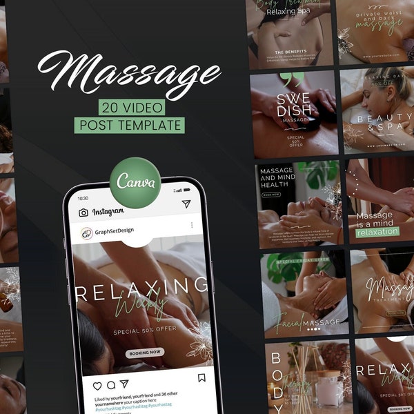 Massagetherapie Video Instagram-berichten, Canva-sjablonen voor massagesalonmarketing, SPA Center Business Set, Therapeutbundel, SPA Planner