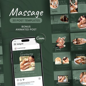 Modèles de publications Instagram pour la massothérapie | Pack Canva 30 éléments pour les réseaux sociaux dédié au bien-être et aux spas | Kit marketing pour la réservation de massages du visage et la relaxation