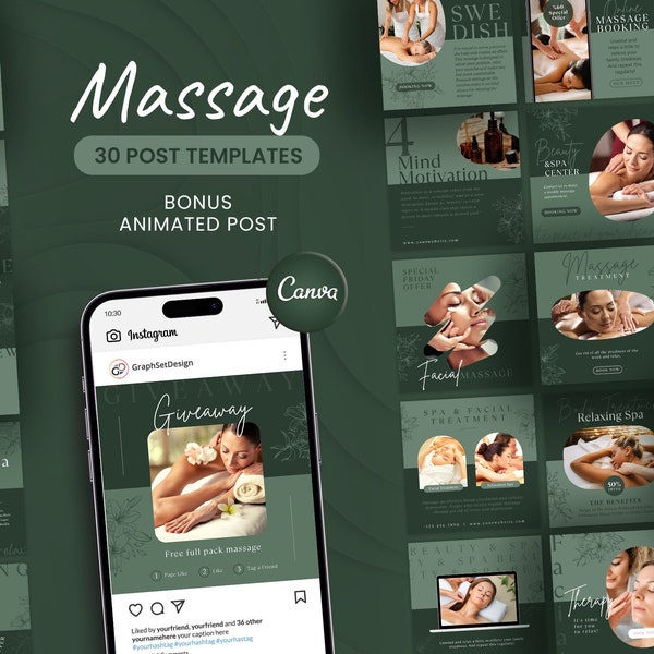 Massage Therapie Instagram Vorlagen, Canva Massage Salon Posts, bearbeitbare Massage Social Media, Massage Therapeut Marketing Planer, Med SPA