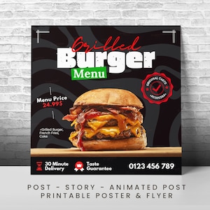 Burger Menu Instagram Post, Restaurant Marketing Story, Burger Order Flyer, Fast Food Business Flyer, Grilled Burger Poster, Editable Canva