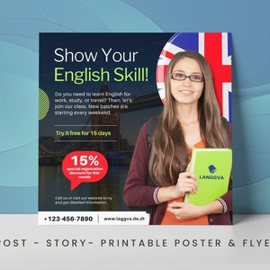 School Instagram Post, Language Learning Business Templates, Education Printable Poster, Speech Language, School Brand Kit, Editable Canva