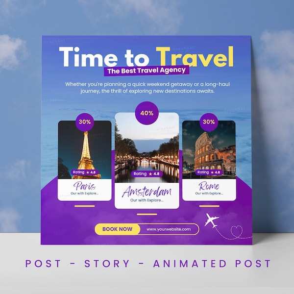 Travel Instagram Post Template, Holiday Marketing Canva Template, Travel Digital Flyer, Travel Story, Travel Social Media, Travel Reels