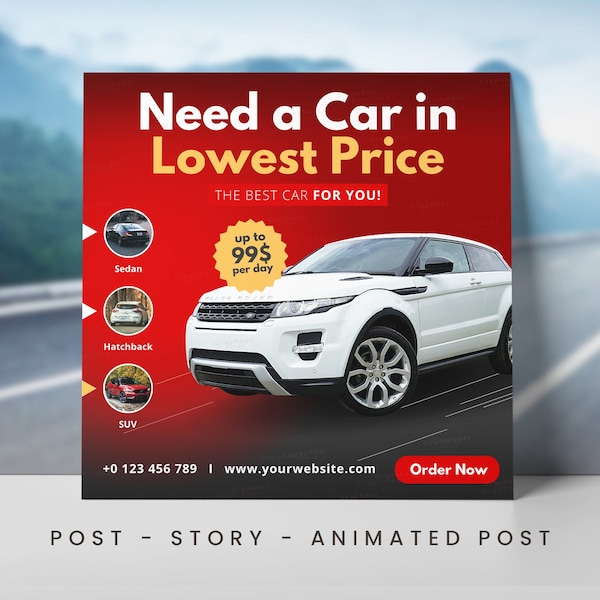 Car Rental Instagram Posts, Rent a Car Digital Flyer Templates, Vacation Rental Car Post, Rental Car Marketing Business Kit, Canva Design