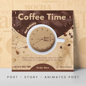 Coffee Time Instagram Post, Coffee Shop Marketing Template, Coffee Store Business Story, Social Media Flyer, Product Banner, Editable Canva