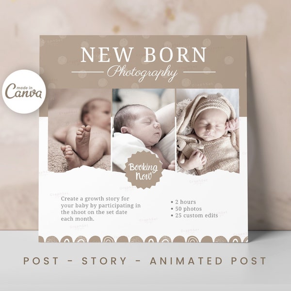 New Born Instagram Post, Baby Photography Marketing Templates, Photographer Business Set, Baby Photography Story, Editable Canva Templates