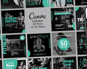 40 Fitness Instagram Post, Gym Coaching Vorlage, Fitness Business Marketing, Workout Story, Wellness Social Media Flyer, bearbeitbare Canva