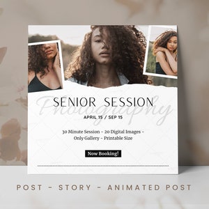 Modèle Canva pour séance photo de fin d'études | Publication Instagram pour photographe | Flyer pour portrait de fin d'études | Promotion pour réservation photo | Kit marketing photo