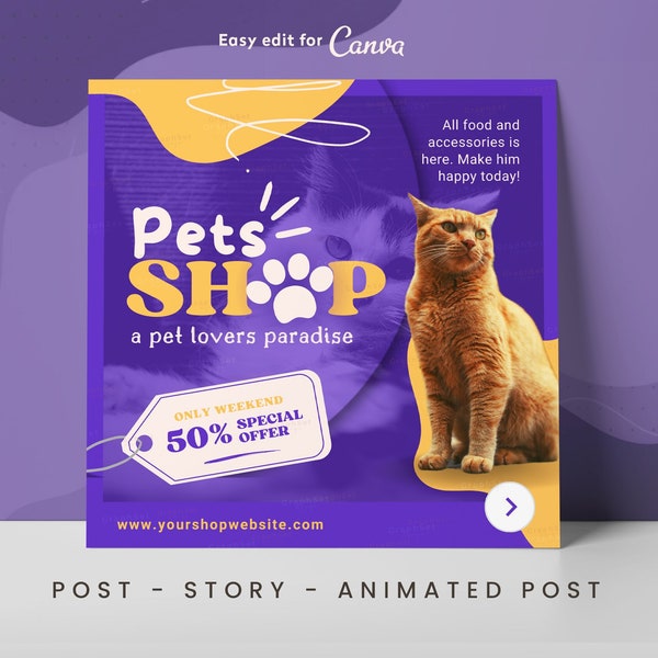 Pet Shop Instagram Post, Pets Products Marketing Templates, Pet Store Business Story, Gifts for Pets, Pet Food, Pet Shop Branding, Canva