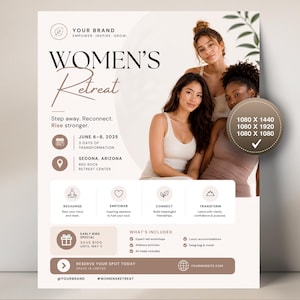 May include: A digital flyer template for a women's retreat featuring three individuals in neutral-toned clothing. The text includes "WOMEN'S Retreat," "June 6-8, 2025," "Sedona, Arizona," and "Red Rock Retreat Center," alongside icons for recharge, empower, connect, and transform.