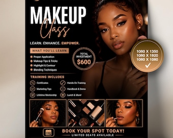 Makeup Class Instagram Post Template | Beauty Training Canva Story | MUA Workshop Flyer | Makeup Artist Course Marketing | 3 Size Pack