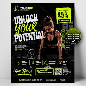 Plantilla de Canva para membresía de gimnasio / Publicación e historia de Instagram para club de fitness / Folleto promocional de entrenador personal / Marketing de entrenamiento / Paquete de 3 tamaños