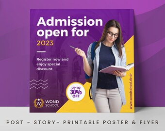 Instagram School Admission Post Template | Canva Flyer Banner Story Poster | Education Enrollment Marketing | Scholarship Promo Design