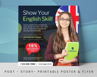 English Course Flyer Template | Language School Canva Poster | ESL Class Promotion | English Academy Marketing | Editable Flyer Design