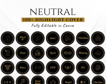 Instagram Highlight Covers Neutral | 100+ Black Gold Story Icons Canva | Aesthetic Branding Kit | Blogger Influencer Design