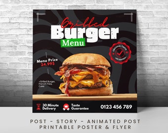 Burger Menu Instagram Template | Fast Food Canva Flyer | Restaurant Promo Post | Takeaway Food Advertisement | Editable Marketing Kit