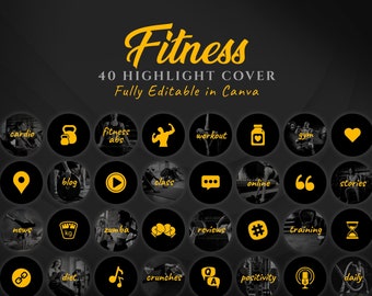 Fitness Highlight Covers Canva | 40 Black Icon Set | Gym IG Story Icons | Personal Trainer Brand Kit | Minimalist Instagram Highlights