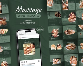 Massage Therapy Instagram Post Templates | 30 Canva Spa Wellness Social Media Bundle | Facial Massage Booking Relaxation Marketing Kit