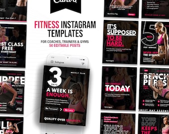 Fitness Instagram Templates Canva | 50 Post Bundle Personal Trainer | Gym Social Media Kit | Fitness Coach Content | Done For You Posts