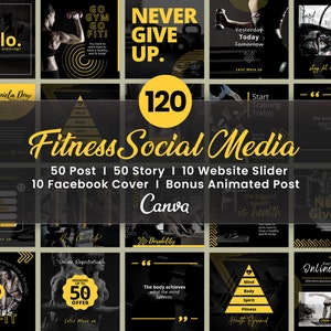 Può includere: Un collage di 120 modelli di social media per il fitness in nero e giallo per Canva. I modelli includono immagini di persone che si allenano, citazioni motivazionali e consigli per il fitness. Il testo "Fitness Social Media" è in un grande cerchio giallo.