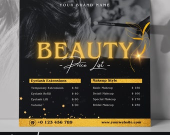 Beauty Price List Instagram Post Template | Canva Lash Makeup Salon Flyer | Printable Pricing Menu Banner | Eyelash Extension Marketing Kit