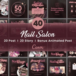 Peut inclure: Une collection de 40 modèles de publication sur les réseaux sociaux pour un salon de manucure. Les modèles présentent un fond sombre avec des accents roses et du texte qui dit "Nail Salon", "20 Post | 20 Story | Bonus Animated Post", et "Canva".