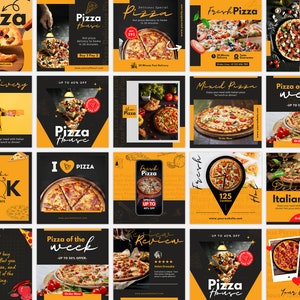 ピザのInstagram投稿テンプレート40選、ファストフードメニューマーケティングブランディングキット、ピザショップのソーシャルメディアチラシ、DIYレストランCanvaバナー