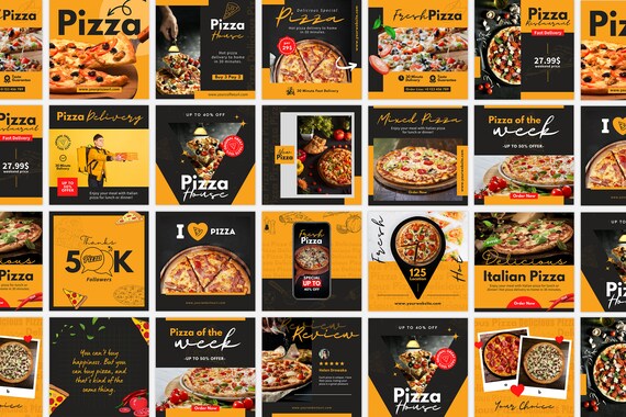 40 Pizza Instagram Posts Template, Fast Food Menu Marketing Branding Kit, Pizza Shop Social Media Flyers, DIY Restaurant Canva Banner