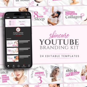 Può includere: Un kit di branding YouTube rosa e bianco per canali di cura della pelle. Il kit include 24 modelli modificabili con immagini di donne e testo come "sonno minimo di 8 ore", "Cose da sapere sul collagene", "Quando, come, perché, fa Sarah Smith Academy 3", e "Questa è la mia vita - Febbraio - Cura di sé".