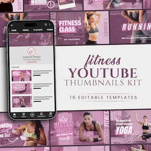 Pode incluir: Um conjunto de 16 modelos de miniaturas do YouTube personalizáveis para vídeos de fitness. As miniaturas apresentam um esquema de cores rosa e branco com imagens de pessoas a fazer exercício e texto que diz "fitness YouTube thumbnails kit" e "16 modelos editáveis".