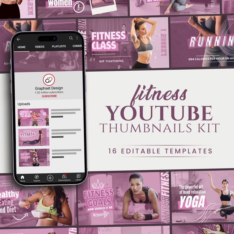 Fitness YouTube Thumbnail Templates | 16 Editable Canva Workout Video Covers | Yoga Home Workout Vlog Kit | Women Fitness Creator Pack
