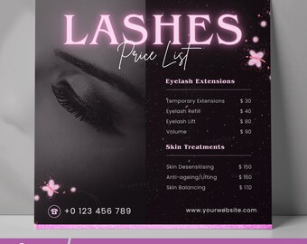 Lash Price List Canva Template | Eyelash Extension Menu | Beauty Salon Price Flyer | Lash Artist Instagram Post | Editable Square Design