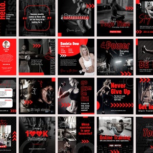 May include: A collage of 16 Instagram posts promoting a fitness centre. The posts feature images of people working out, motivational quotes, and information about classes and services. The colour scheme is black and red.