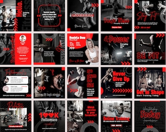 120 Fitness Instagram Post, Gym Marketing Bundle, Social Media Flyer, Coaching Brand, Wellness Template, Red Workout Banner, Editable Canva