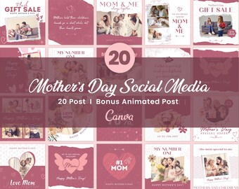 20 Pink Happy Mothers Day Instagram Post, Mommy Gift Store Sale Banner, Mama Marketing Kit, Gift for Mom DIY Flyer, Editable Canva
