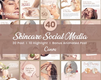 Skincare Social Media Canva Templates | 30 Posts 10 Highlight Covers Bundle | Beauty Esthetician Marketing Kit | Facial Spa Content Pack