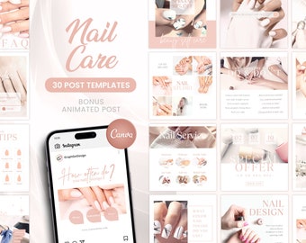 Nail Care Instagram Post Templates | 30 Canva Nail Salon Bundle | Manicure Pedicure Marketing Kit | Nail Design Studio Content