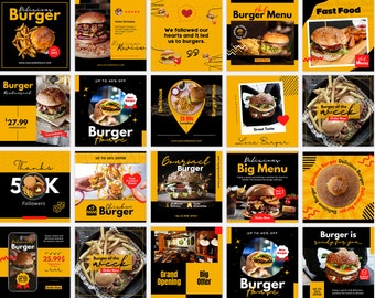 40 Burger Restaurant Instagram Post Template, Fast Food  Social Media Flyer Design, Burger Shop Business Story, Editable Canva Banner
