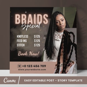 Braids Specials Digital Flyer, Book Now Instagram Post, DIY Appointments Available Template, Social Media DIY Flyer Template, Editable Canva