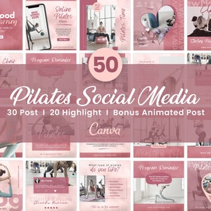 Może przedstawiać: Kolaż różowych i białych grafik do mediów społecznościowych dla studia Pilates. Grafiki przedstawiają zdjęcia osób wykonujących ćwiczenia Pilates, tekst o zajęciach Pilates i słowa "Pilates Social Media".
