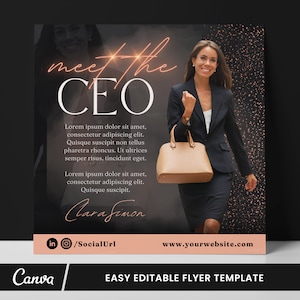 Peut inclure: Flyer promotionnel avec le texte "meet the CEO" dans une police élégante. L'image présente une femme en costume d'affaires tenant un sac à main beige. Le flyer comprend du texte de remplacement, des icônes de médias sociaux et une adresse de site Web.