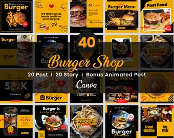 40 Burger Restaurant Instagram Post Template, Fast Food  Social Media Flyer Design, Burger Shop Business Story, Editable Canva Banner