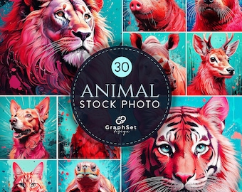 Animal Stock Photos AI Generated | 30 Wildlife Digital Art Images | Colorful Red Blue Wall Art | Commercial Use Photo Bundle