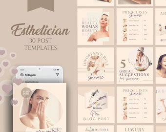 Esthetician Instagram Post Templates | 30 Canva Skincare Clinic Bundle | Price List Booking Blog Marketing | Luxury Beauty Business Kit