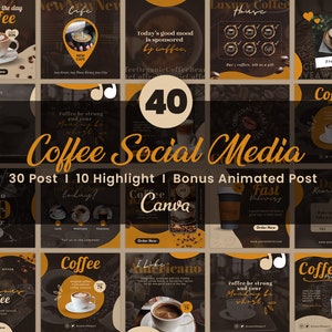 May include: A collection of 40 social media post templates for coffee shops. The templates feature a variety of designs with coffee cups, coffee beans, and text overlays. The templates are designed to be used on Instagram and other social media platforms.