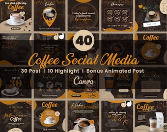 May include: A collection of 40 social media post templates for coffee shops. The templates feature a variety of designs with coffee cups, coffee beans, and text overlays. The templates are designed to be used on Instagram and other social media platforms.