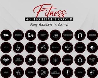 Fitness Instagram Story Highlight Covers, Canva Templates for Gym Icons, Fitness PNG, Fitness Pack, IG Stories, Black Aesthetic Cover Set