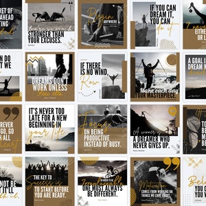 Puede incluir: Un collage de 16 citas motivacionales con imágenes de personas en la naturaleza. Las citas están en una variedad de fuentes y colores, y las imágenes están en blanco y negro. Las citas incluyen: "El secreto para salir adelante es empezar", "Eres mucho más fuerte que tus excusas", "Todo lo que podemos hacer es lo mejor que podemos hacer", "Los sueños no funcionan a menos que tú lo hagas", "Nunca es demasiado tarde para un nuevo comienzo en tu vida", "Concéntrate en ser productivo en lugar de estar ocupado", "Un ganador es un soñador que nunca se rinde", "Una meta es un sueño con una fecha límite", "Dondequiera que vayas, ve con todo tu corazón", "Si no hay viento, rema", "Si puedes soñarlo, puedes hacerlo", "Nunca pierdo, o gano o aprendo", "Nunca es demasiado tarde para ser lo que podrías haber sido", "Cree que puedes y lo harás", "La clave del éxito es empezar antes de estar listo", "Irrompible, uno siempre debe ser diferente", "La motivación proviene de trabajar en las cosas que nos importan".