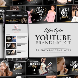 Può includere: Un kit di branding YouTube nero e oro per i creatori di contenuti lifestyle. Il kit include 24 modelli modificabili con una varietà di design che includono testo come "Get Ready With Me", "Weekly Skin Care Routine" e "My World Travel Vlog".