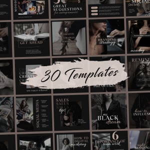 May include: A collage of 30 black and white Instagram post templates for entrepreneurs and business owners. The templates feature text overlays with phrases like "Great Suggestions for Entrepreneurs", "Business Get Ahead", "Branding Strategy", "Social Secrets", "New Target Audience", "Sales Tips", "How to Digital Marketing", "Importance of Teamwork", and "Right Branding".