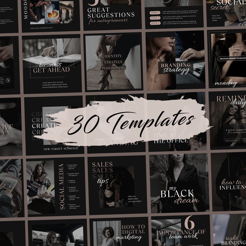 May include: A collage of 30 black and white Instagram post templates for entrepreneurs and business owners. The templates feature text overlays with phrases like "Great Suggestions for Entrepreneurs", "Business Get Ahead", "Branding Strategy", "Social Secrets", "New Target Audience", "Sales Tips", "How to Digital Marketing", "Importance of Teamwork", and "Right Branding".